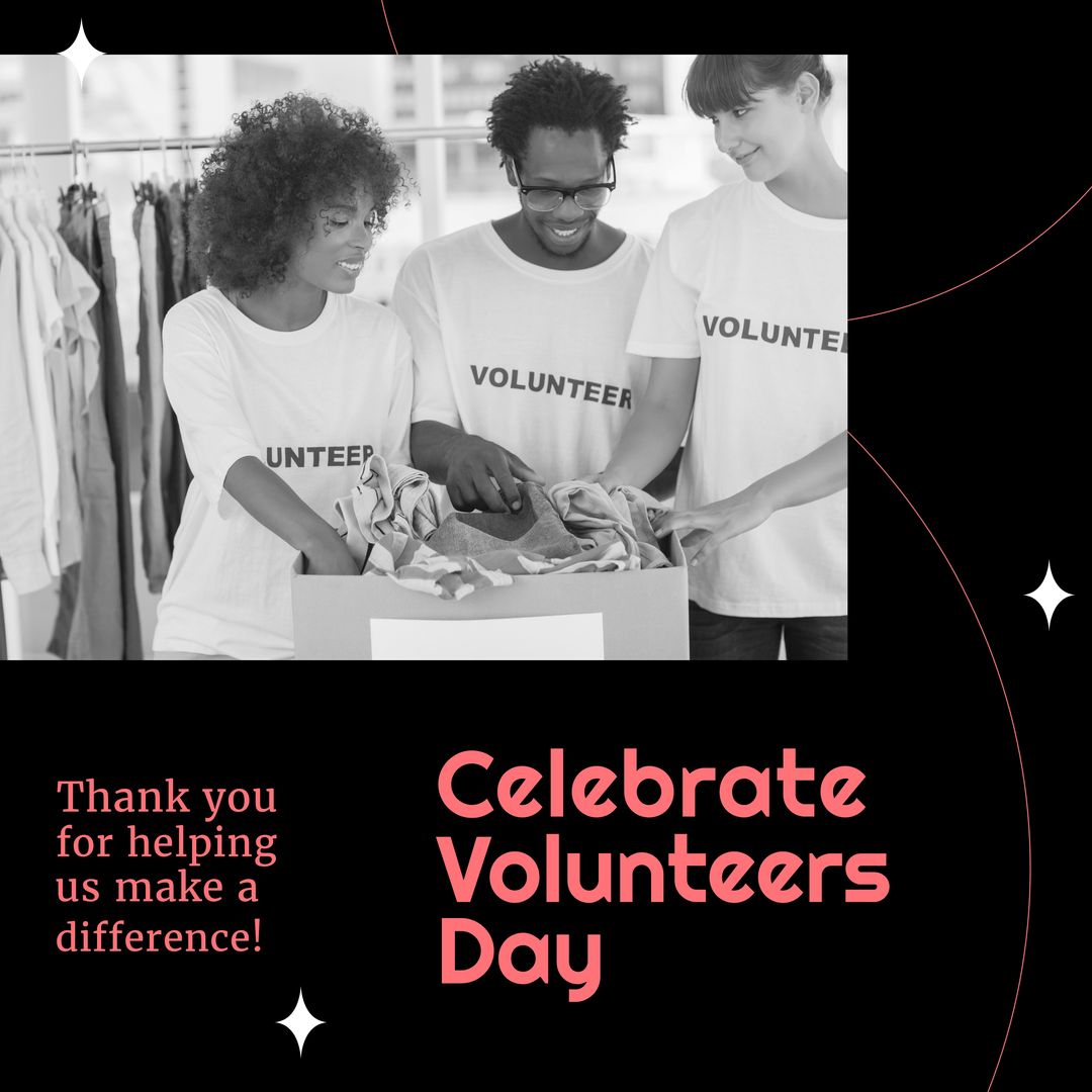 Composition of volunteer day text, black and white photo of diverse volunteers with donation box - Download Free Stock Templates Pikwizard.com