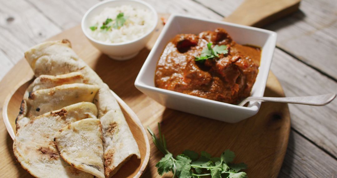 Traditional Indian Meal with Butter Chicken, Naan, and Rice - Free Images, Stock Photos and Pictures on Pikwizard.com