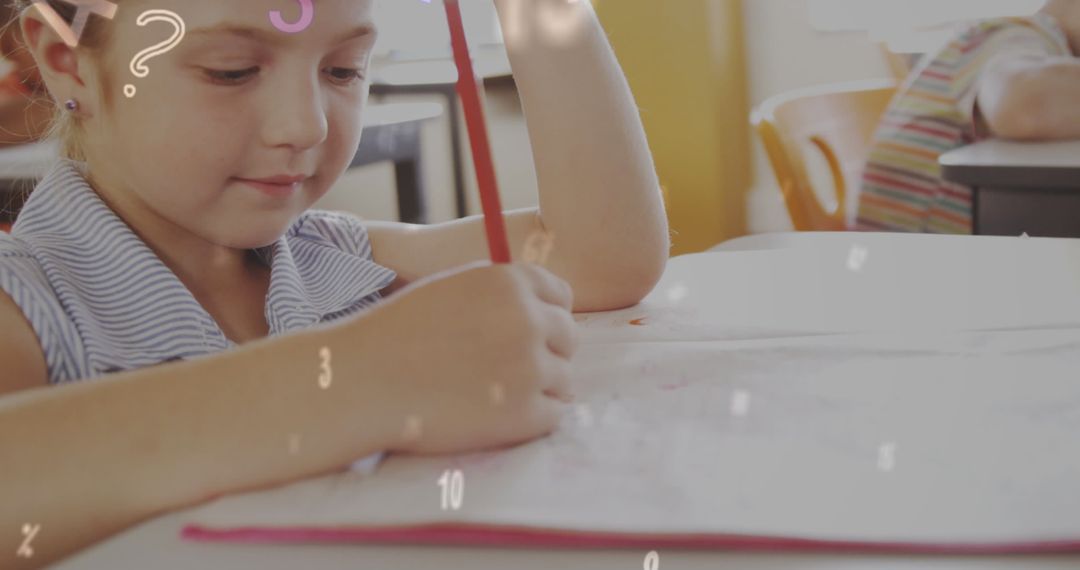 Young Girl Engaged in Learning with Numerical Overlays