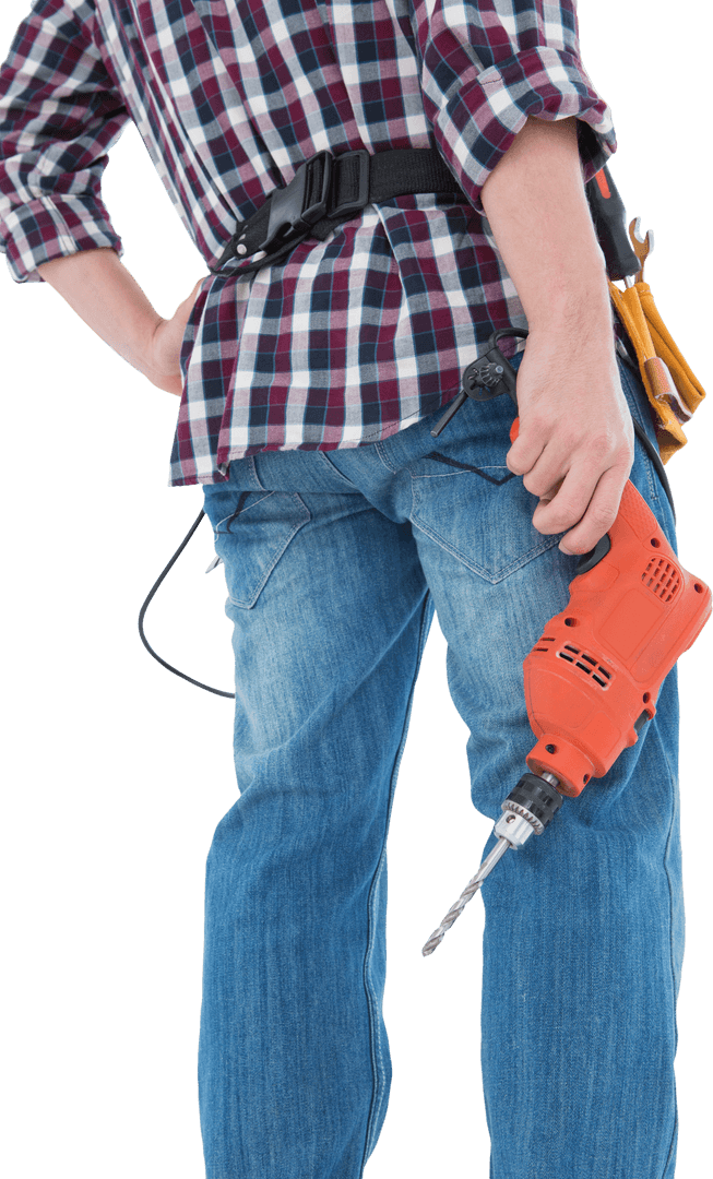 Transparent Rear View of Handyman Holding Orange Drill Machine