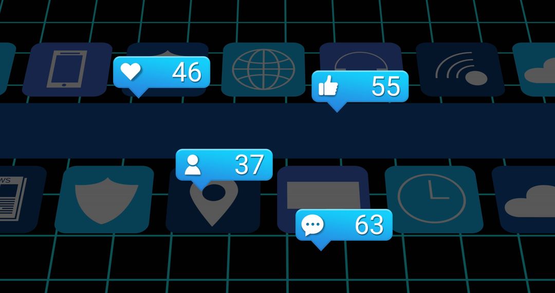Social Media Interface Iconography Overlaid on Digital Grid