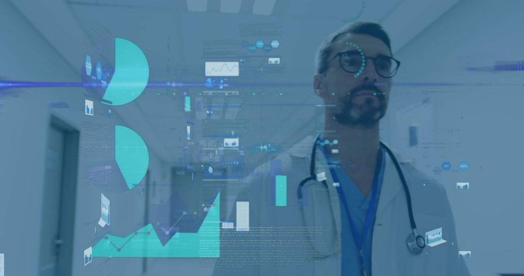 Doctor Walking with Financial Data Overlay in Hospital Concept