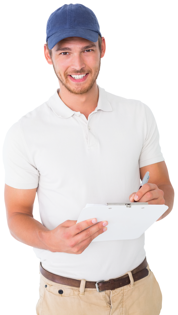 Transparent happy delivery man wearing cap holding clipboard smiling - Download Free Stock Images Pikwizard.com