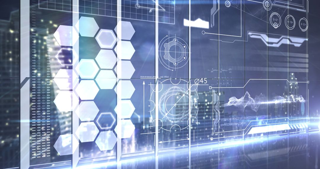 Futuristic Digital Interface with Hexagons and Cityscape