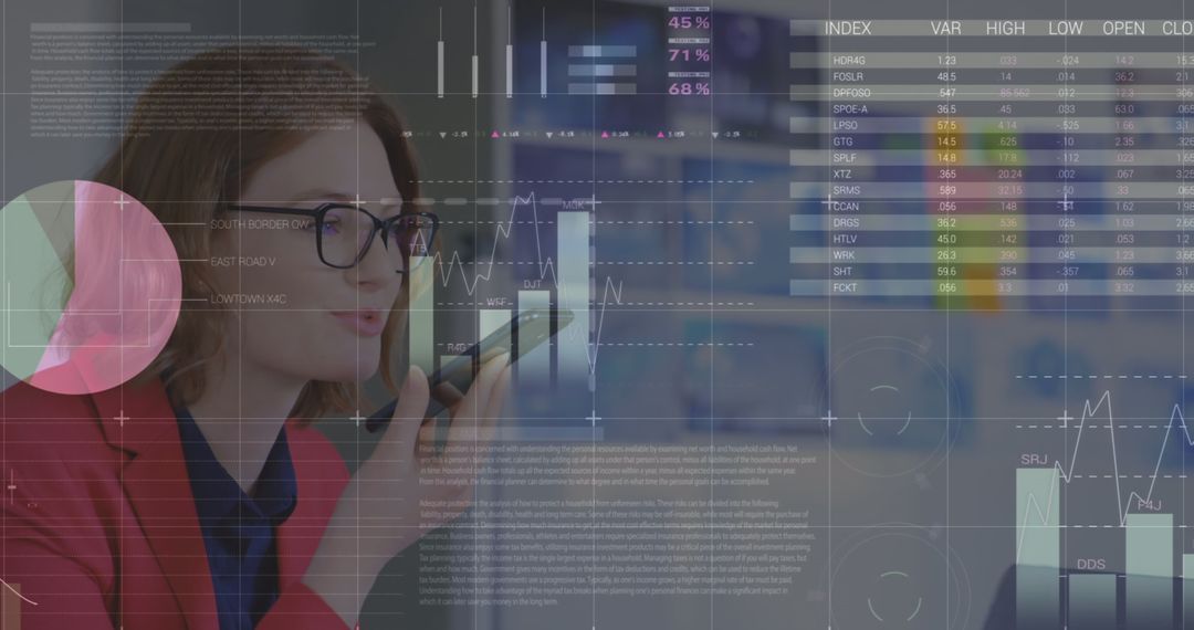 Businesswoman Analyzing Data with Smartphone and Digital Overlay