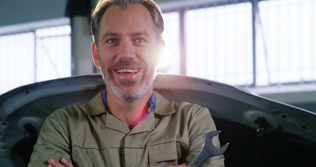 Confident Mechanic Smiling While Holding Wrench - Free Images, Stock Photos and Pictures on Pikwizard.com