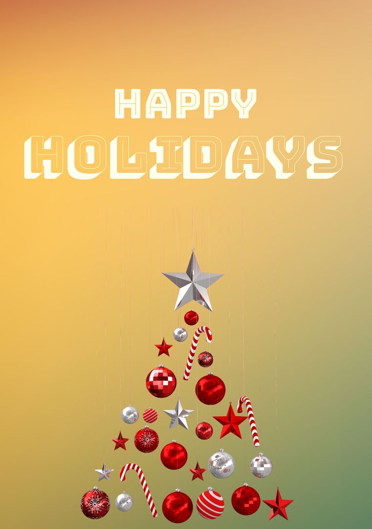 Festive Christmas Tree with Ornament Decorations and Happy Holidays Text