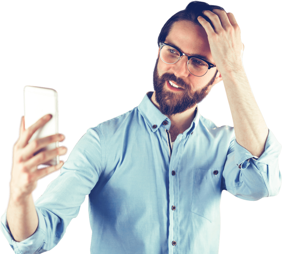 Cheerful Man Taking Selfie with Phone Using Transparent Background