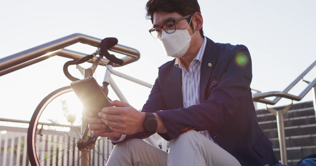 Businessman Wearing Mask While Using Smartphone Outdoors - Free Images, Stock Photos and Pictures on Pikwizard.com