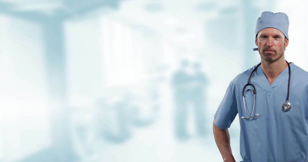 Confident Doctor Smiling with Stethoscope in Hospital Corridor