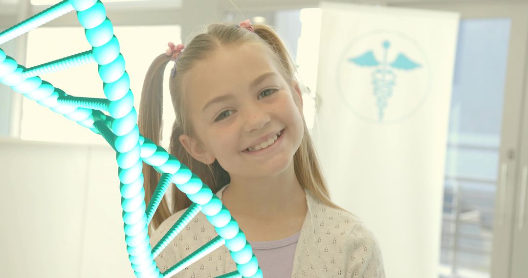 Smiling girl standing in pediatric clinic with glowing DNA helix and caduceus emblem