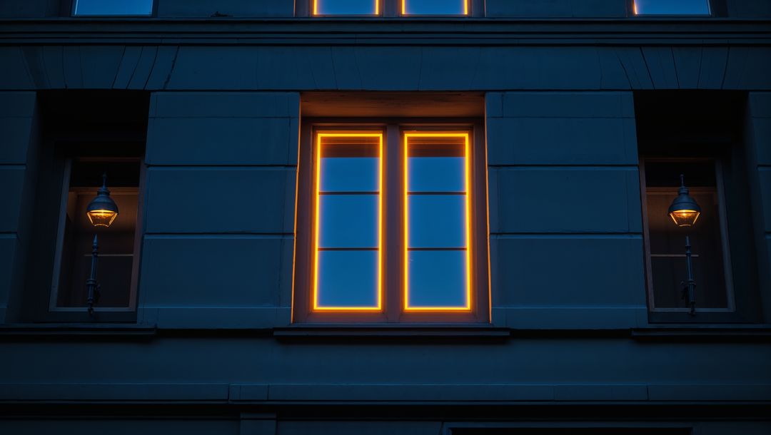 Neon-Illuminated Urban Window with Dusk Architectural Ambiance