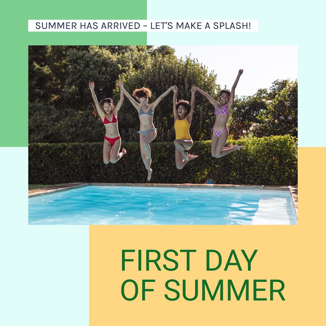 Diverse Friends Jumping Into Pool Celebrating Summer
