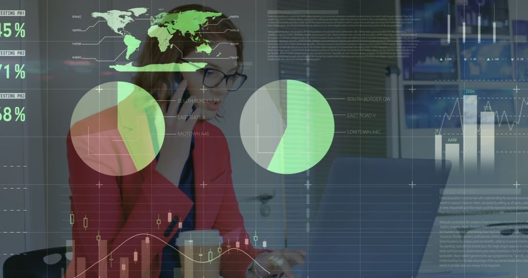 Businesswoman Integrating Financial Data through Digital Interfaces