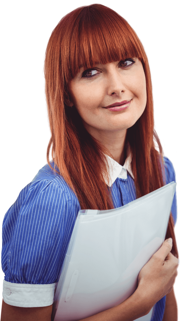 Smiling Hipster Woman with Red Hair Holding Transparent Folder