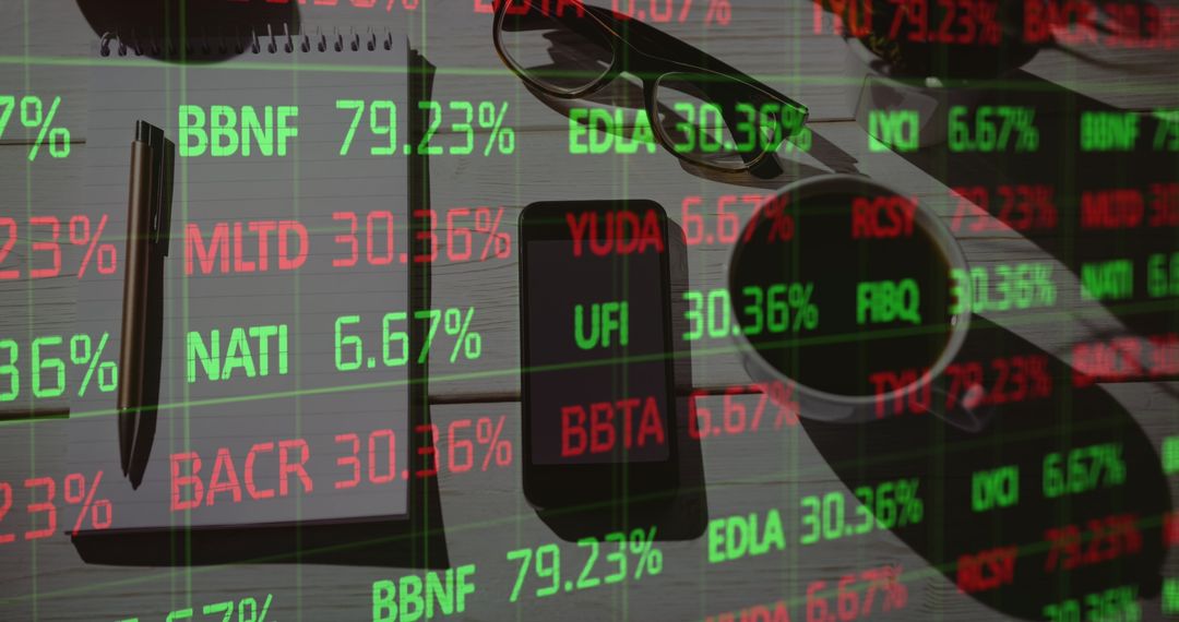 Financial Data Overlay on Desktop with Notebook and Smartphone