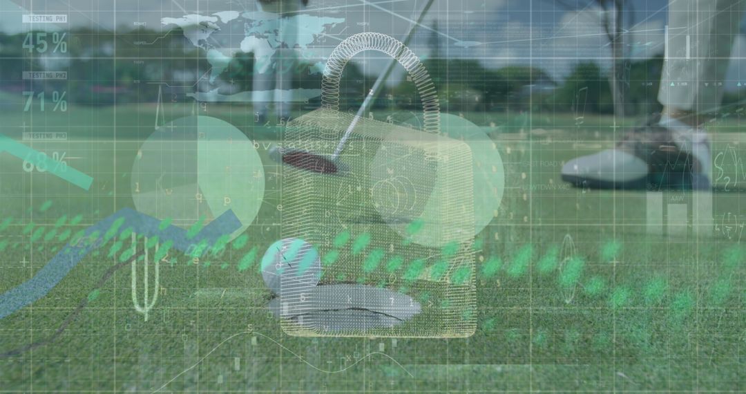 Golfer Analyzing Putt with Digital Data Overlay on Course