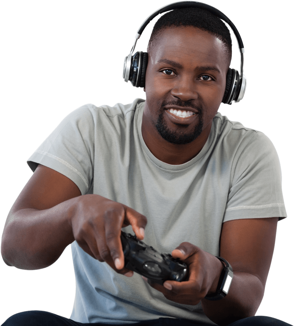 Smiling African American Gamer Playing Video Game Transparent Background