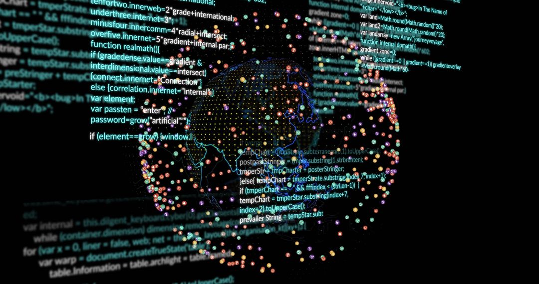 Rotating 3D Globe Glowing with Code and Colorful Data Nodes, Network Visualization