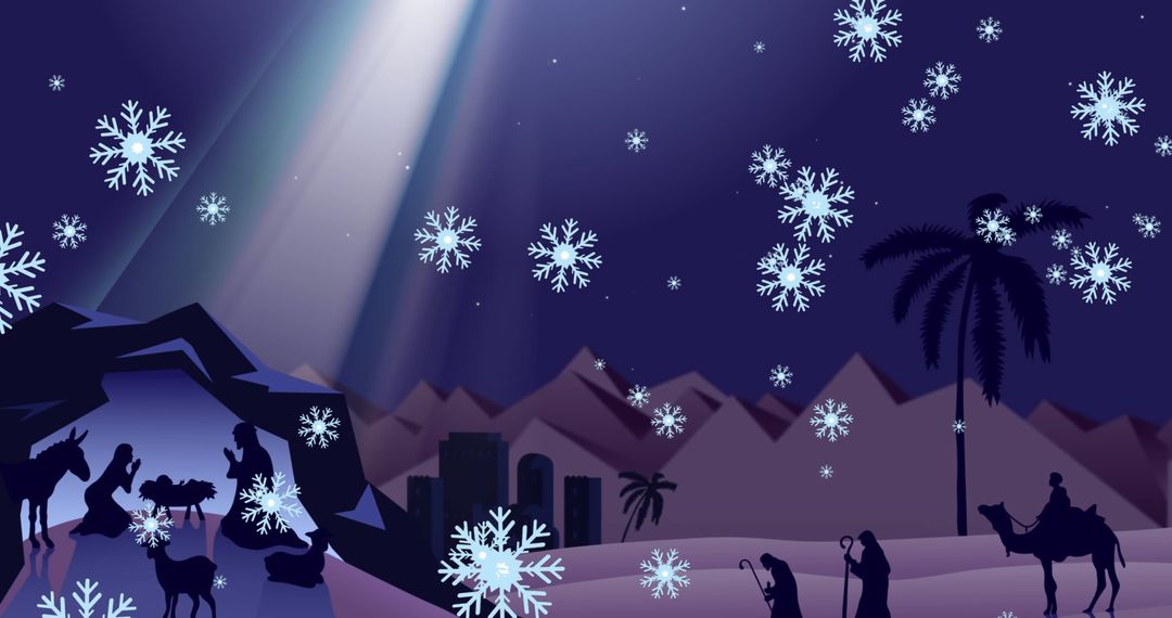 Nativity Scene with Snowflakes on Tranquil Night Sky
