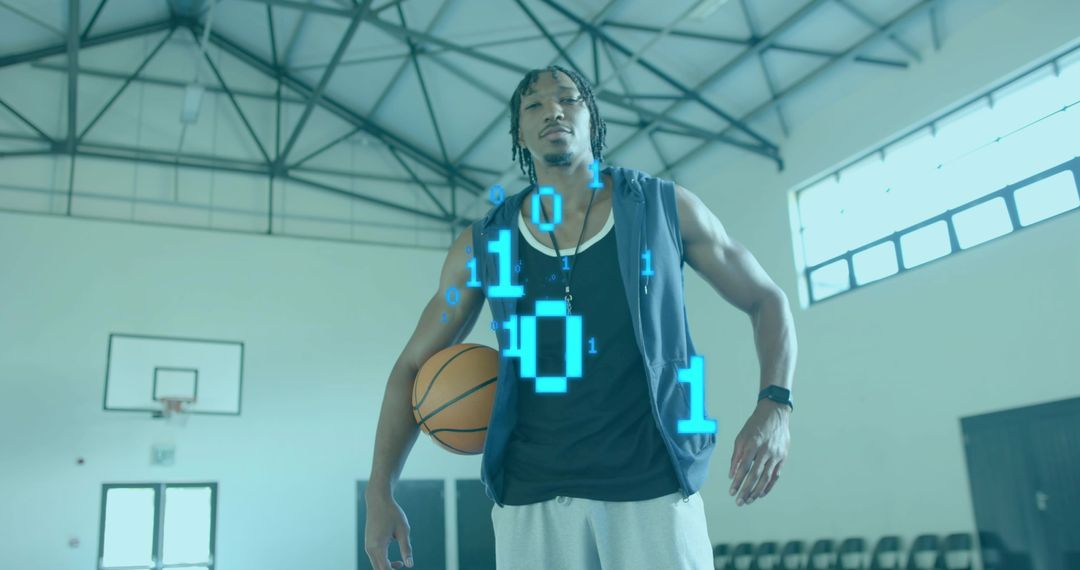 Standing basketball player holding ball with holographic binary code in gym digital sports