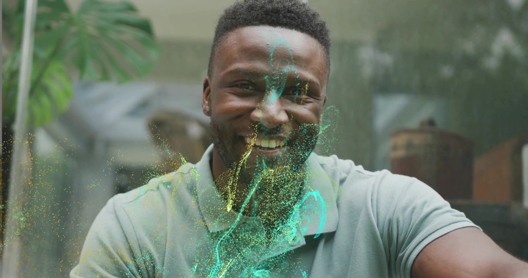 Man Relaxing Indoors with Futuristic Holographic Effects