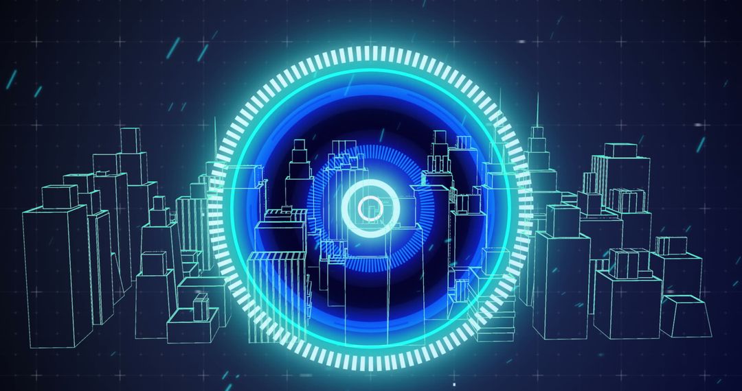 Futuristic Cityscape with Digital Scanning Interface