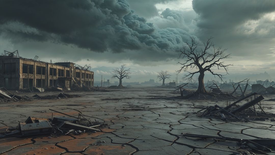 Desolate landscape with ruined factory and cracked earth in apocalypse aftermath