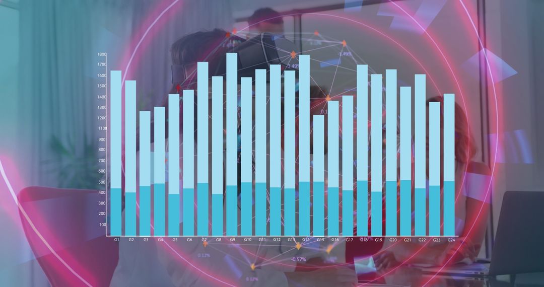 Financial Graphs with Blue Bars and Red Overlay Illustrations