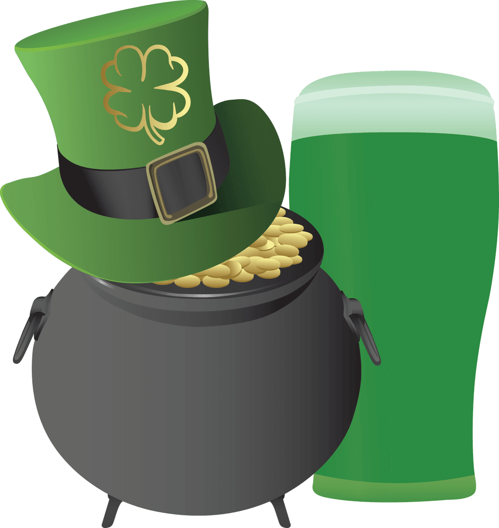 Transparent St. Patrick's Day Hat with Pot of Gold and Green Drink Vector