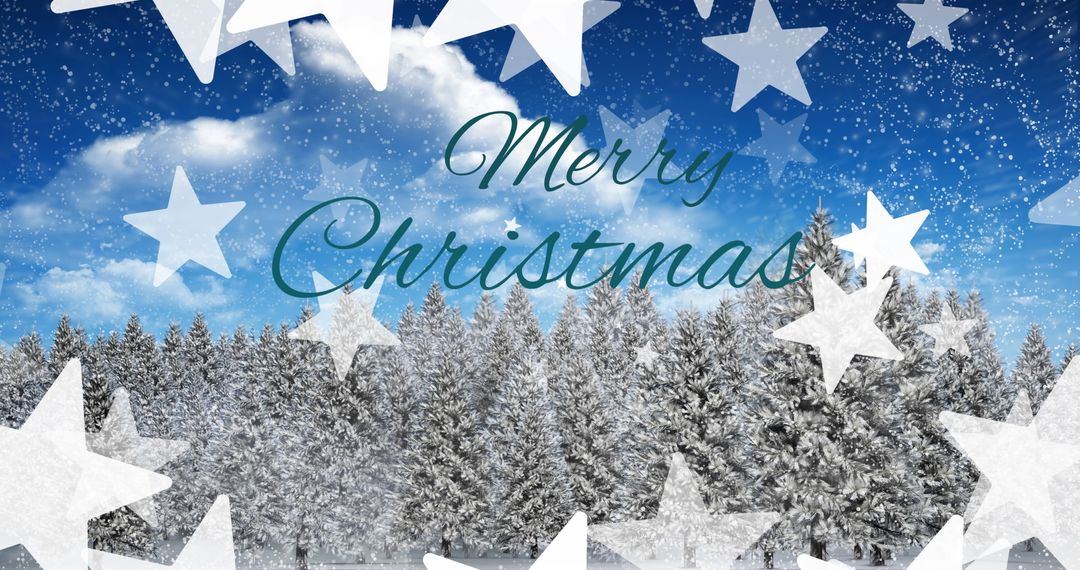 Merry Christmas Winter Scene with Snowy Trees and Stars
