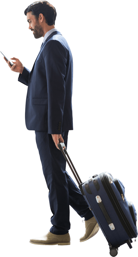 Businessman with Luggage Checking Phone on Transparent Background