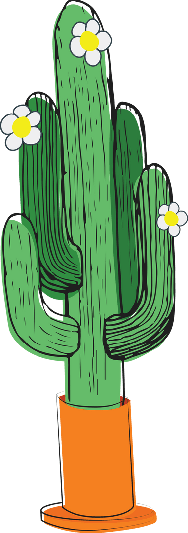 Whimsical Cactus in Orange Pot with Flowers on Transparent Background