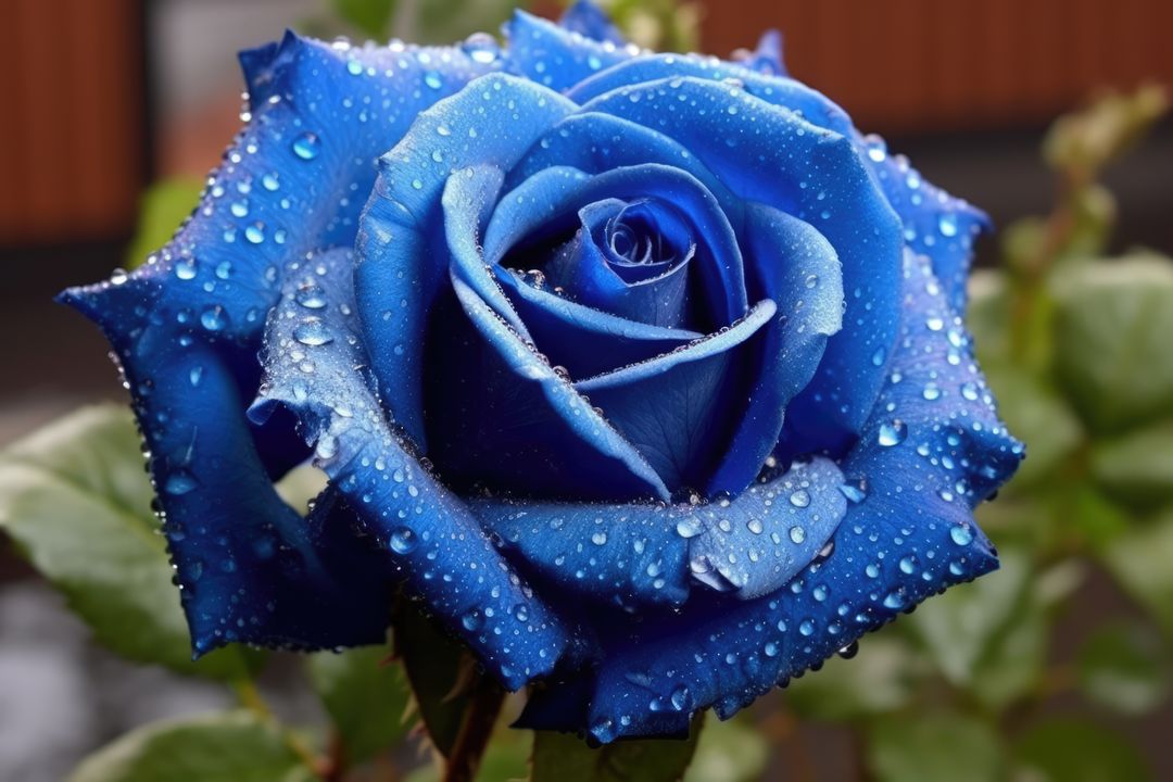 A vibrant blue rose glistens with water droplets, symbolizing rarity and enchantment - Free Images, Stock Photos and Pictures on Pikwizard.com