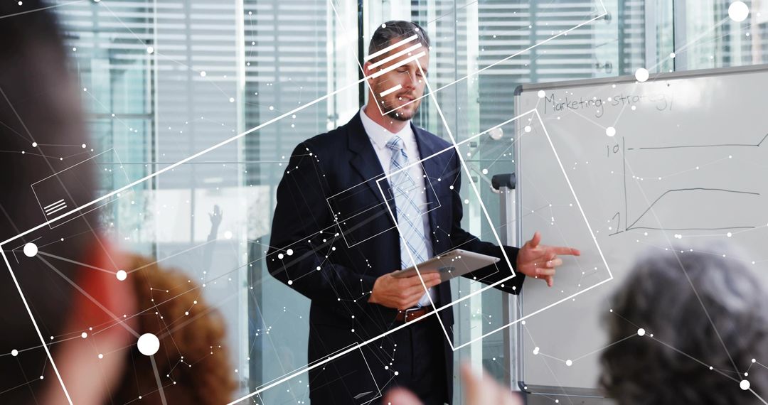 Presenting Executive Pointing at Whiteboard Holding Tablet in Boardroom with Data Overlay