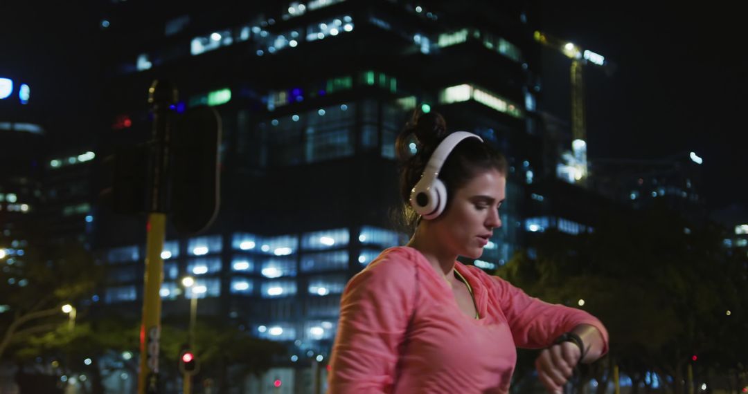 Woman Runner in City Night Checking Smartwatch - Free Images, Stock Photos and Pictures on Pikwizard.com