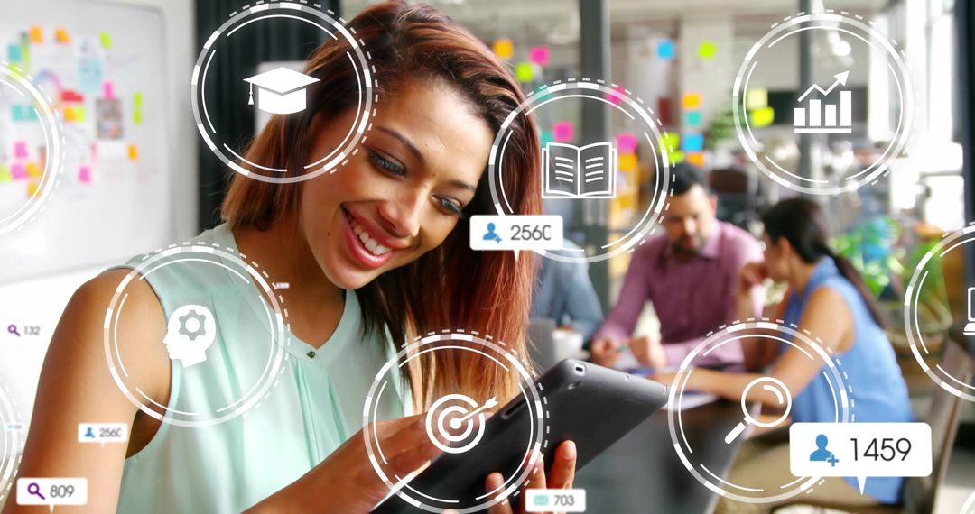 Smiling Professional Engaging with Digital Tools in Modern Office