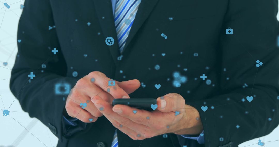 Businessman Utilizing Smartphone with Health Network Icons