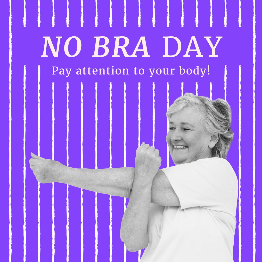 Happy Senior Woman Stretching for No Bra Day Celebration