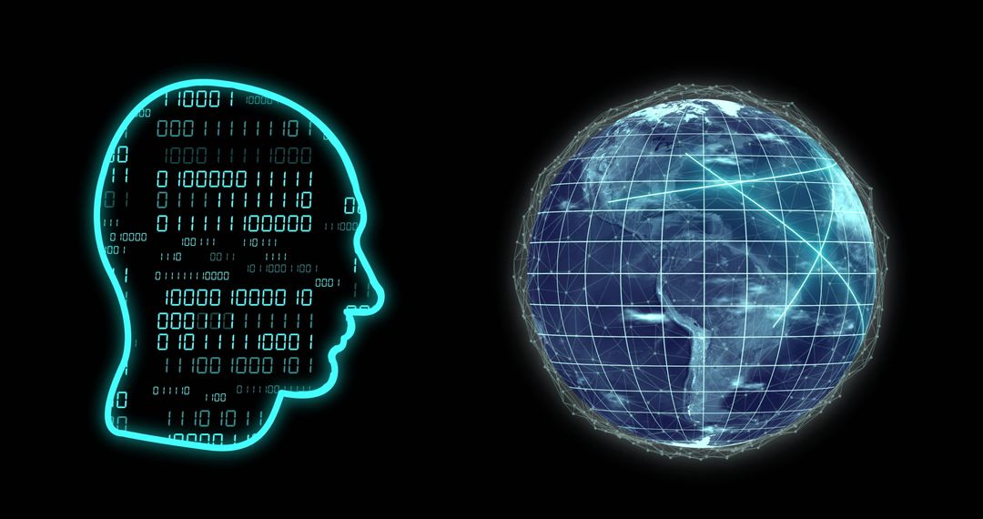 AI Head with Binary Code and Digital Globe Illustration