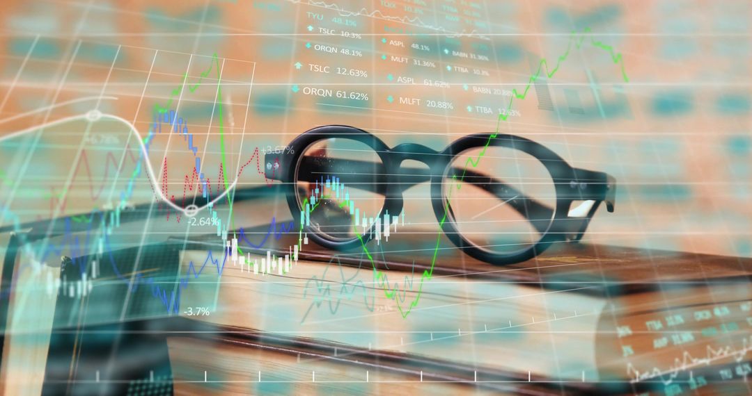 Eyeglasses on Books with Stock Chart Overlays in Office Setting