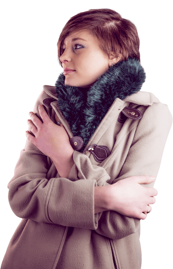 Transparent Winter Coat Woman with Thoughtful Expression