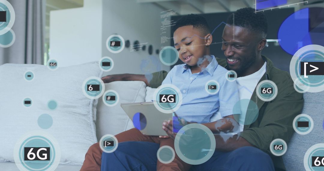 African American Father and Son Using Tablet with 6G Technology Icons