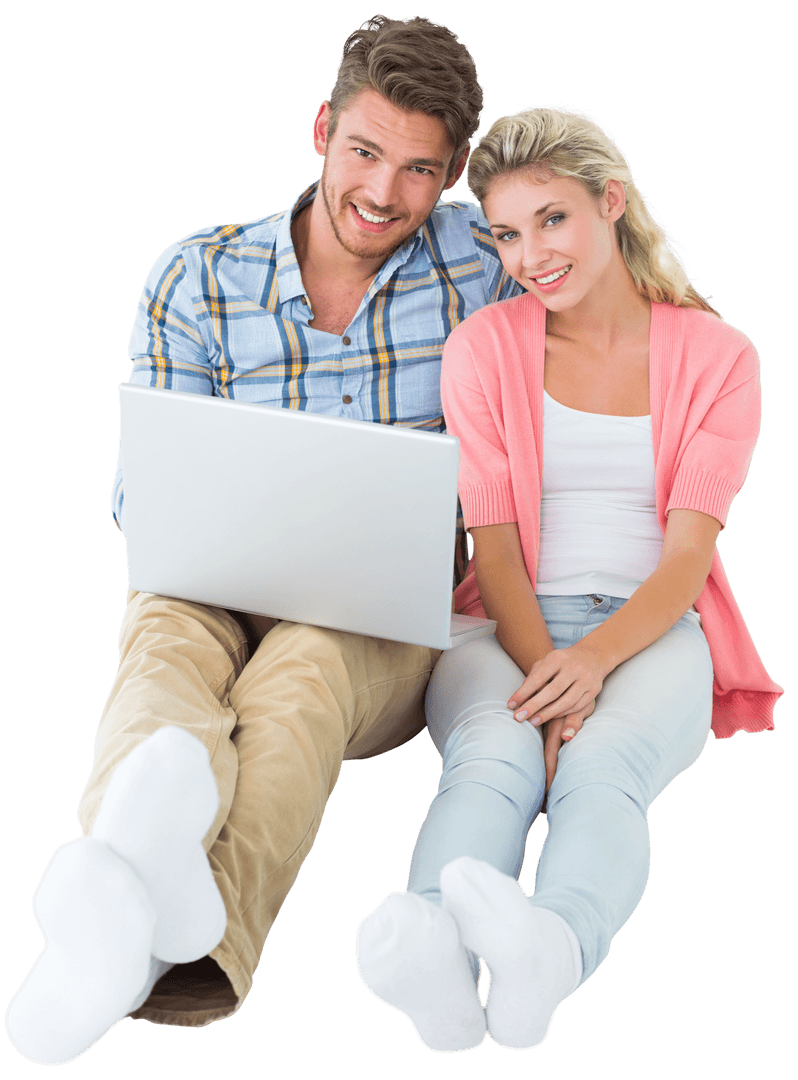 Transparent Couple Sitting Together Relaxed with Laptop