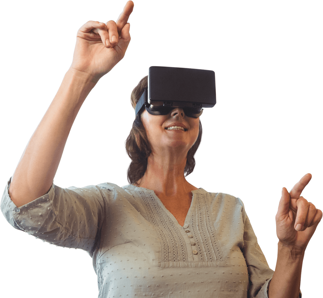 Smiling Mature Woman Using Transparent Virtual Reality Glasses