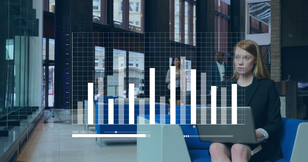 Businesswoman Analyzing Data on Laptop with Bar Chart Overlay in Modern Office D97