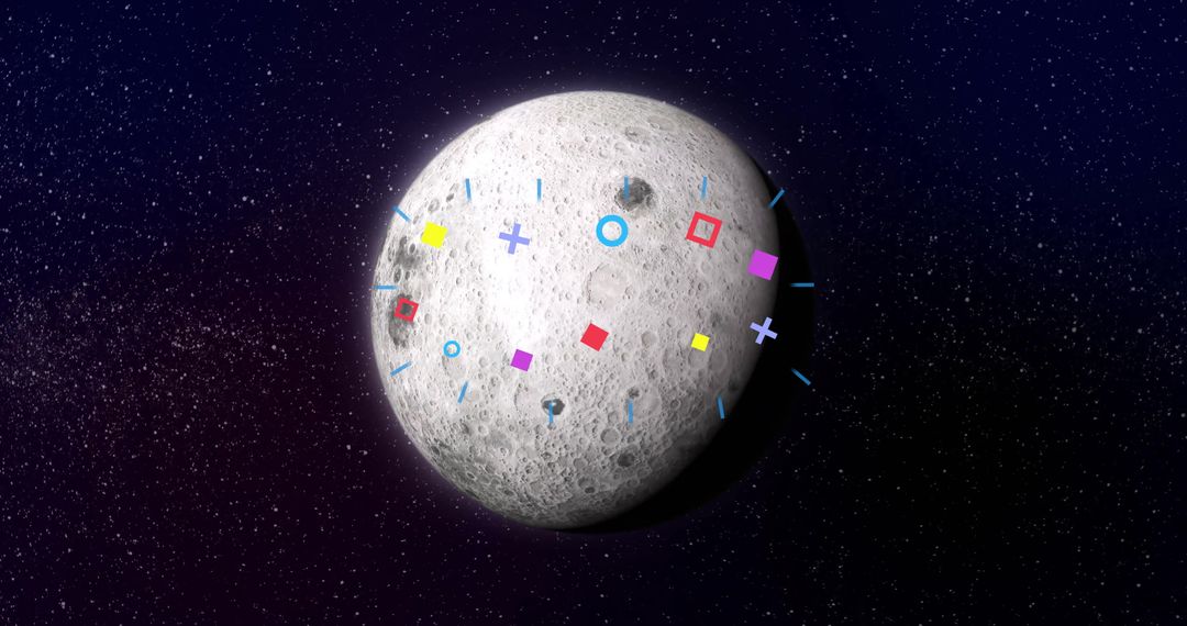 Rotating Cratered Moon with Vibrant Geometric Shapes in Outer Space