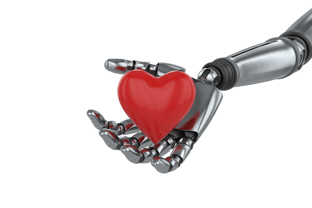 Transparent Cyborg Hand Holding Red Heart Symbolizing Human-Robot Connection