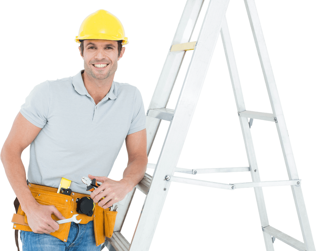Happy Construction Worker with Tools Against Transparent Background