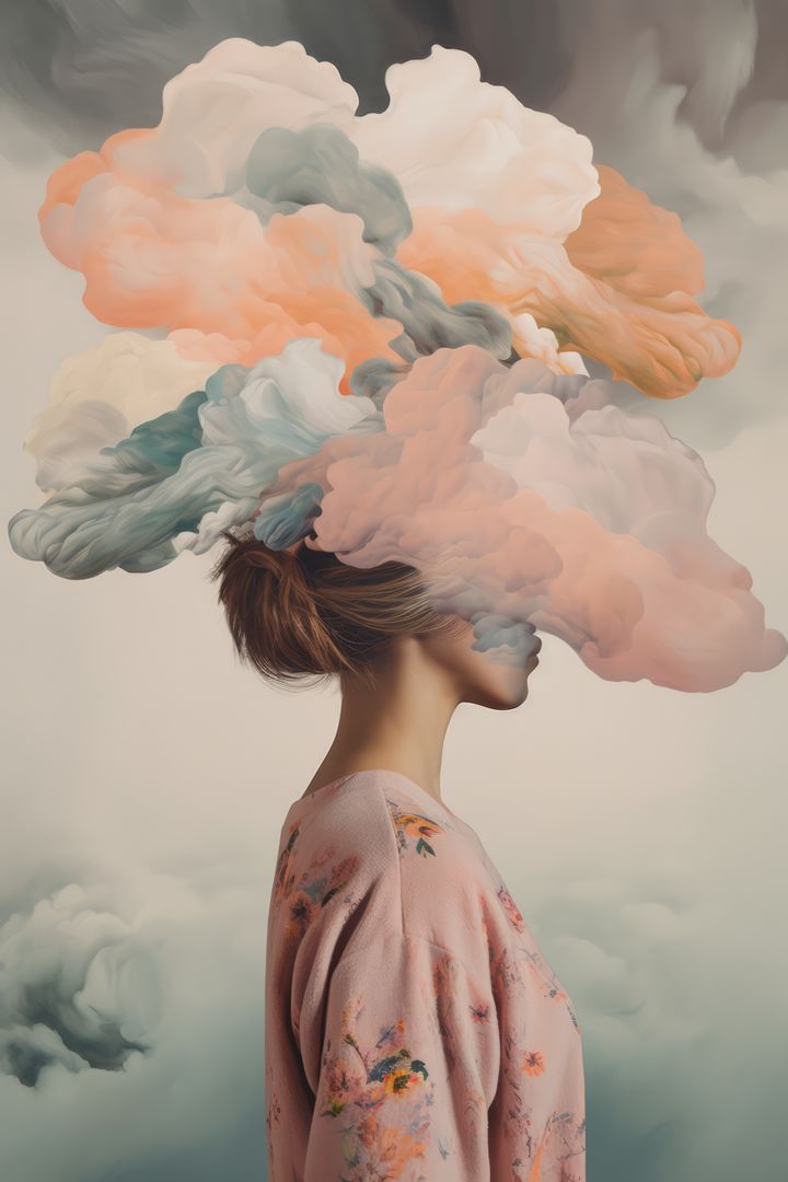 Woman with Colorful Abstract Clouds Surreal Concept Portrait - Free Images, Stock Photos and Pictures on Pikwizard.com